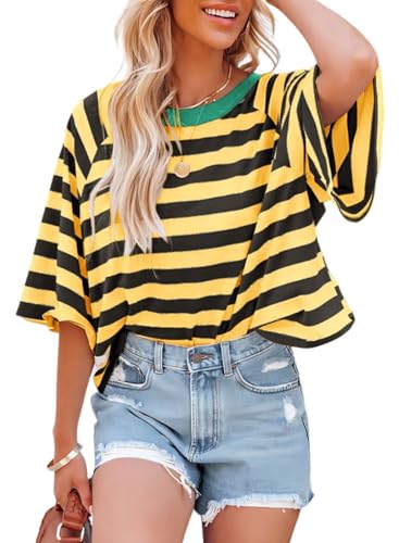 Dokotoo Short Sleeve Shirts for Women 2026 Summer Fashion Trendy Crewneck Striped Cute Crop Tops Business Casual Ladies Tops and Blouses Oversized Cruise Outfits Yellow Stripe