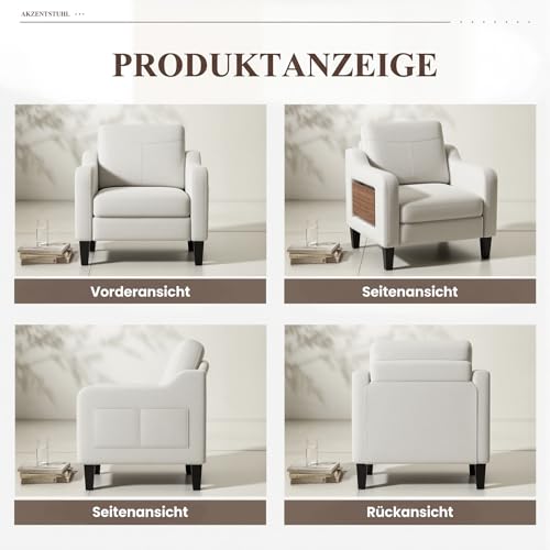 MALOL Sessel Wohnzimmer, Ohrensessel Wohnzimmer mit Ausklappbarer Holzseitentisch, Polstersessel mit Armlehnen Einzelsofa, Relaxsessel，Lesesessel für Wohnzimmer Büro Schlafzimmer, Beige