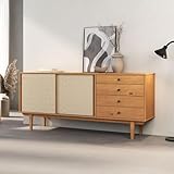 IDIMEX Buffet en Bois Simona L 175 cm Coloris chêne avec 4 Tiroirs 2 Portes Coulissantes, pour Salon ou Salle à Manger, Style Vintage Scandinave Années 50 avec Rotin Tressé, Rangement Pratique