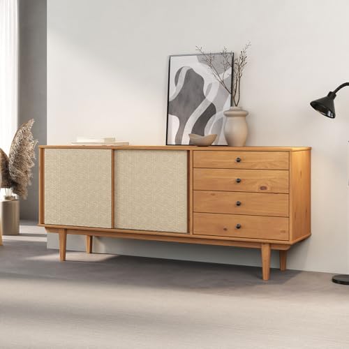 IDIMEX Buffet en Bois Simona L 175 cm Coloris chêne avec 4 Tiroirs 2 Portes Coulissantes, pour Salon ou Salle à Manger, Style Vintage Scandinave Années 50 avec Rotin Tressé, Rangement Pratique