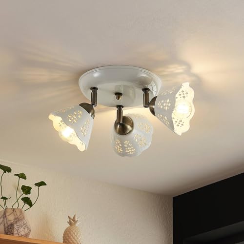 Lindby Strahler Efgenia (Landhaus, Vintage Rustikal) in Weiß aus Keramik (3 flammig E14) - Deckenlampe Deckenleuchte Lampe Spot Wohnzimmerleuchte