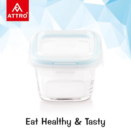 Image of ATTRO Glassox borosilicate Mini Square Glass food container with lock lid Small Food Container Air-Tight Leak-proof Bpa-Free Food Grade- 160ml Set of 2