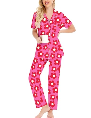 Image of SWOMOG Women Pajama Sets Two-Piece Nightwear Short Sleeve Sleepwear Button Down Pj Lounge Sets with Long Pants