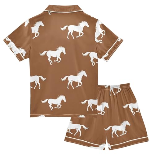 Satin Pajama Sets Short Sleeve Brown Background with Horses Button Down Silky Nightwear 2 Piece PJS 5-14Y2