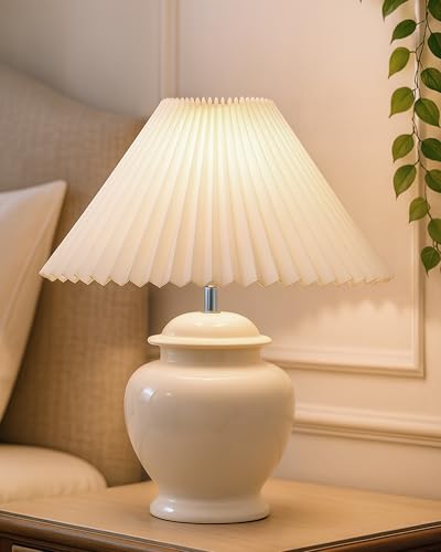 Image of Homesake Ceramic Table Lamp for Bedroom Living Room,Incandescent,Modern Pleated Lampshade Bedside Light,Nightstand for Home Office,Minimalist Nordic Style Accent Lighting Decor,White Pleated Shade
