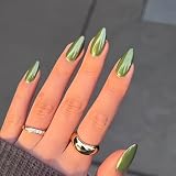 Chrome Green Press On Nails Almond - KQueenest Glazed Fake Nails Medium, Sparkle Gel Glue on Nails Press on with Mirror Effect, Cute Glitter Reusable Stick On Nails for Women Party Daily Decoration