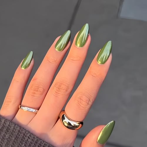 Chrome Green False Nails Almond, SXVME Glazed Chrome Press On Nails Medium Stiletto, Glitter Shine Fake Nails Medium Cute, Spring Acrylic Stick on Nails for Women Daily & Party Wear