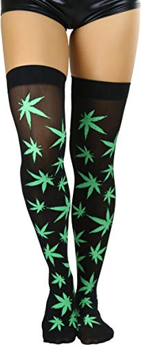 Image of ToBeInStyle Women's Thigh High Stockings Bodystocking Tights Medicinal Cannabis Marijuana Weed Leaf Print Festival Hosiery