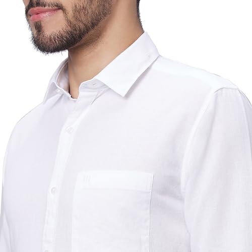 Image of Raymond Men Slim Fit Solid Pattern Linen Cotton Blend Regular Collar Full Sleeve Casual Shirt