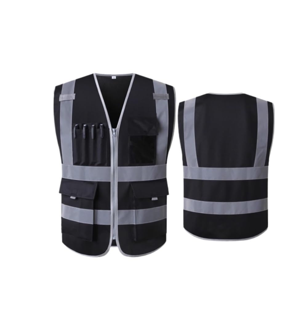 Chalecos Reflectantes de Alta Visibilidad, Chaleco Reflectante Multicolor de Varios tamaños con Frente y Bolsillos Cremallera(Black,XL)