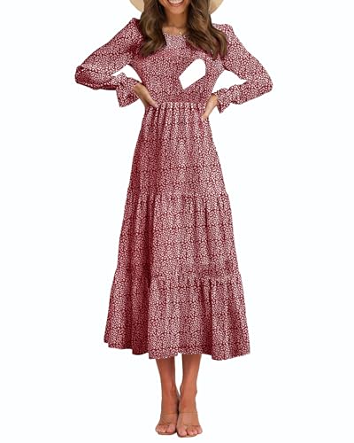 Women's Nursing Dress Flounces Long Sleeve Crew Neck Smocked Bodice Ruched Elastic Waist Tiered Midi with Pockets