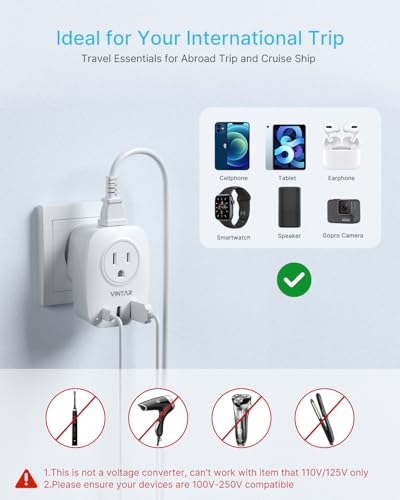 2 Pack European Travel Plug Adapter, VINTAR Foldable International Power Plug with 2 AC Outlets 3 USB Ports(2 USB C), Type C Travel Essentials Charger for US to Most of Europe EU Italy Spain France