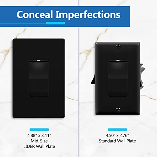 Lider Decorator Wall Plate, Temperature And Impact Resistant Ul Listed, Polycarbonate Thermoplastic, Matte Finish, Screwless Switch Cover For Modern Decoration, Mid-Size 1-Gang 4.88" X 3.11", Black #TOP3