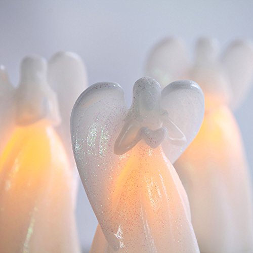 Angel Flameless Candles - Set of 3 Guardian Angel Figurines with LED Lights, 7 Inch, White Glitter Wax, Battery Operated, 5 Hr Timer - Sympathy Gift, Easter Decoration or Religious Decor