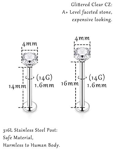 Ovxznts 14G Cheek Piercing Jewelry Stainless Steel Ashley Piercing Lip Jewelry Crystal Internally Threaded Dimple Studs Flat Tongue Rings For Women Men 16Mm 5/8 Inch #TOP1