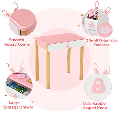 Costzon Kids Vanity Set With Mirror, 2 In 1 Princess Makeup Dressing Table W/Detachable Top, Toddler Vanity With Chair, Drawer & Solid Wood Legs, Pretend Play Vanity Set For Little Girls (Pink) #TOP2