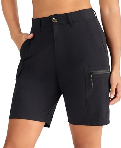 Oalka Women's Hiking Cargo Shorts Bermuda Lightweight Golf Camping 9' Long Shorts with Pockets Quick Dry Black XL