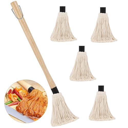 Pennelli per Barbecue Legno, Spazzole Mocio per Salsa Barbecue Marinate con Manico in Legno, Pennelli Cucina Testa in Cotone Lavabile con 4 Testine di Ricambio, per Arrostire e Grigliare