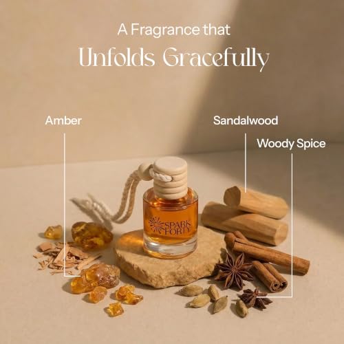 Image of Sandal & Amber Car Air Freshener Hanging | Car Perfume, 8 ml | 0.27 fl oz (8 ml) | 30-Day Luxury Glass Diffuser | Amber, Creamy Sandalwood & Woody Spice | Long-Lasting Woody Spice Scent