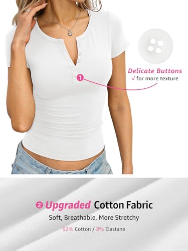Image of EasyGala Womens Cotton Short Sleeve Shirts V Neck Henley Tops Basic Tees | 92% Soft Cotton, Slim Fitted, Henley Shirts, Short Sleeve, Trendy Going Out, Summer Fashion Outfits, Dressy Casual, Business
