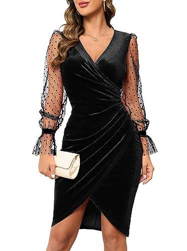 IHOT 2025 Women's Sexy V Neck Long Sheer Sleeve Velvet Faux Wrap Ruched Sheath Bodycon Cocktail Party Dress
