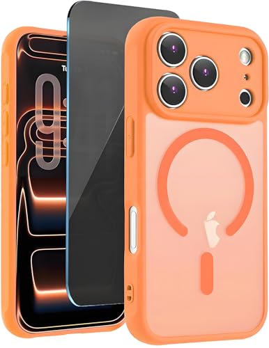 TXXO for iPhone 17 Pro Max Case with Privacy Screen Protectors, Compatible with Magsafe [Full Camera Protection] Slim Translucent Matte Shockproof Phone Case for 17 pro max 6.9 Inch, Orange - image 1