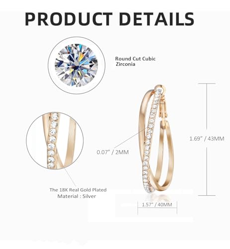 Gemini Women's Jewerly 18k Yellow Gold Filled CZ Diamonds Hoop Earrings Valentine's Day Gifts Gm032Yg 1.5 inches3