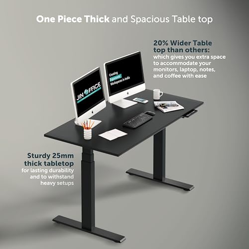 Image of JIN OFFICE Titan Premium Dual Motor 3-Stage Electric Height Adjustable Desk| Sit Stand Table for Home| Standing Desk with 125Kg Wt. Cap, 3 Year Warranty| 3 Memory Presets| Black & Black| 1200 * 750mm