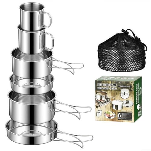 Zilimontt 6Pcs Camping Cookware Mess Kit | Stainless Steel Pots Pan Plates Set | For Hiking Picnic Party Essentials Equipment & Accessories | For Food/Kitchen
