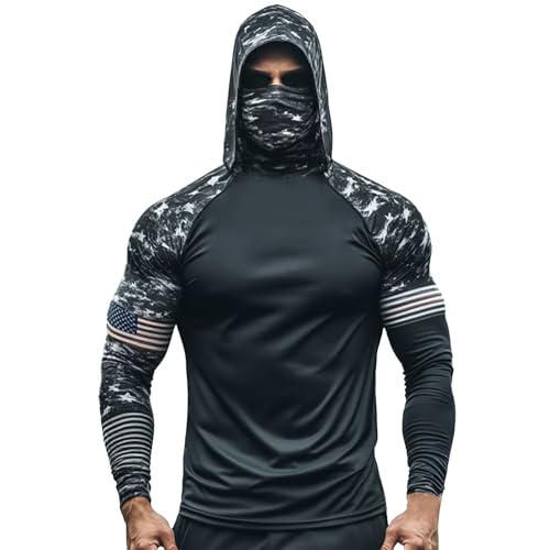 Hooded Sun Shirts for Men Hooded UPF 50 Long Sleeve Mens Sun Protection Shirts Fishing Hoodies for Men with Face Mask UV Rash Guard Shirt Sudaderas para Hombre de Trabajo Black-3 XXL