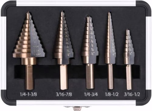 HYCLAT 5PCS Step Drill Bit Set | Titanium High-Speed Steel (HSS) Stepper Cone Drill Bit | Covering 50 Sizes(1/8''-1 3/8''), 135 Degree Point, with Aluminum Case