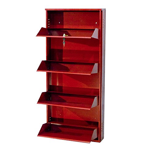Image of DELITE KOM 24 Inch Wide, 4 Shelf Metal Shoe Rack Wall Mounted for Home with Central Lock Holds Upto 12 Shoes or 20 Slippers Pair | 1 Year Warranty | (54 x 24 x 5 Inch, Brick Red) DIY Space Saving