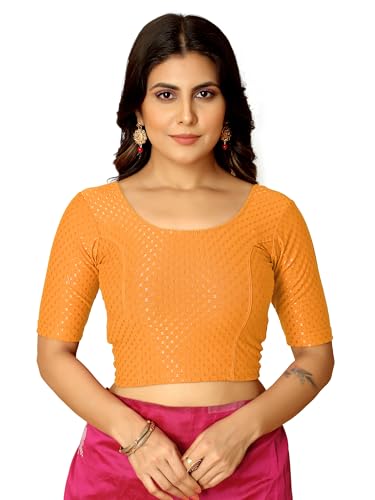 Image of Amazon Brand - Anarva Round Neck Dobby Cotton Lycra Stretchable Elbow Half Sleeve Readymade Saree Blouse for Women Stylish