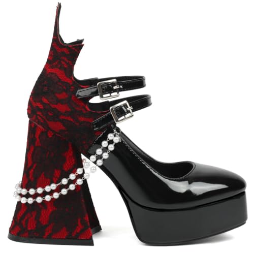 Image of KOKOMOMO Womens Lace Flower Heels Goth Platform Shoes Chunky High Heel Mary Janes Gothic Shoe