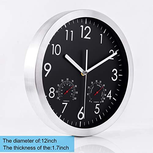 Woophen 12 Inch Silent Non Ticking Wall Clock Sweep Movement Silver Aluminum Frame Glass Cover, For Office, Home, Bathroom, Kitchen, Bedroom, School, Living Room (Black) #TOP1