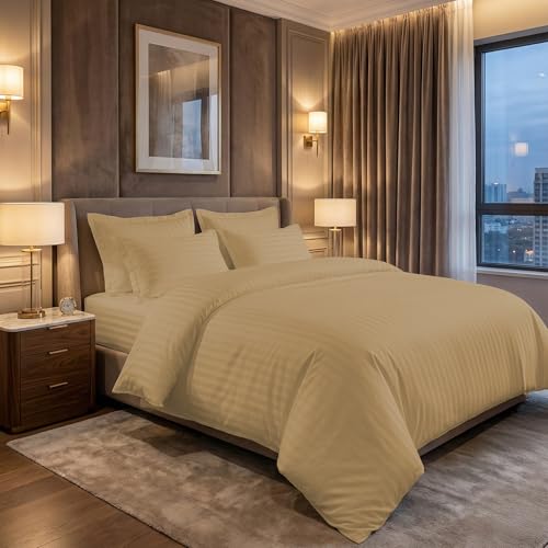 Image of LINENWALAS Cotton 300 Thread Count King Size Bedsheet Set | 2 cm Sateen Stripe Design | Cloud-Soft, Breathable & Skin-Safe | Oeko-TEX Certified Hotel-Style Bedding (108 x 108, Beige)