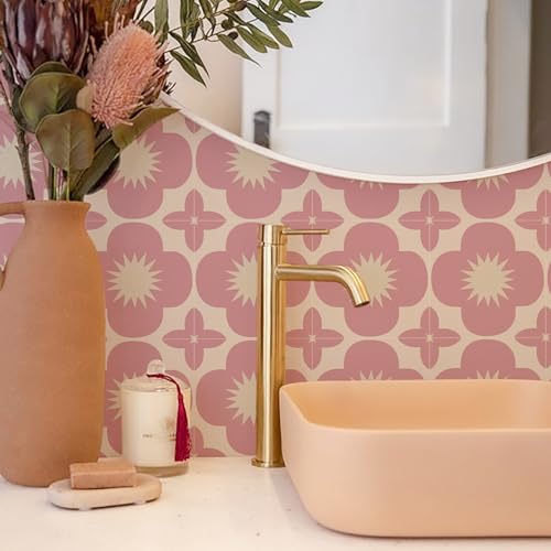 Image of Alwayspon Tile Sticker, Pink Self Adhesive Stick on Tiles Transfer Sticker for Bathroom Kitchen, Splashback, Peel and Stick Vinyl Floor Wall Tiles Sticker, 10PcsX20cm/8inch