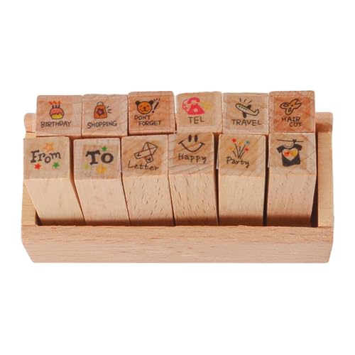 Tiardey - Juego de 12 Sellos de Goma de Madera para Diario con Caja de Madera - Viaje