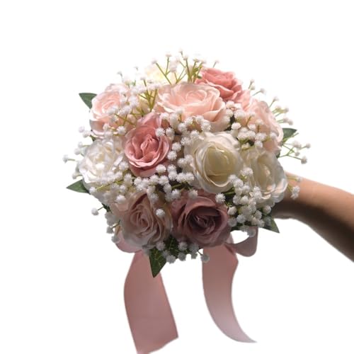 TENVORA Ramos de Novia,Ramo de Novia Flores Preservadas Ramos de Novia for la Novia, Ramo de Flores Artificiales Blancas con Cinta de Seda y Encaje, decoración de Boda campestre.(B-Dusty Rose)