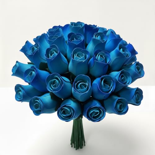 24 Handcrafted Blue Ombré Wooden Rose Bouquet – Two Dozen Artificial Flowers with Light-to-Dark Gradient Petals, 13" Bendable Stems, Long-Lasting Home Decor, Unique Gift for Birthdays & Anniversaries