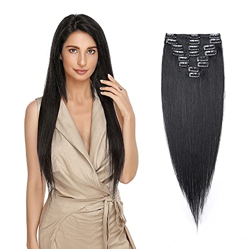 MY-LADY Clip In Hair Extensions 100% Real Human Remy Hair Soft Natural Extension Full Head 8pcs 10 Inch #1 Jet Black 75g Short