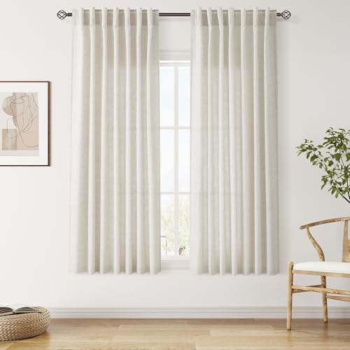 Image of Linen Curtains 63 Inch Long for Living Room Back Tab Mousse White
