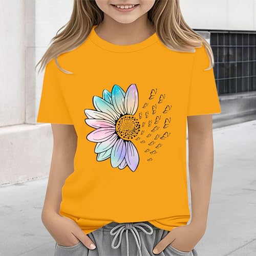 Girls Loose Fit Sunflower Graphic T Shirts Short Sleeve Crewneck Cute Pattern Printed Tops Kids (A-Yellow, 10-11 Years)4