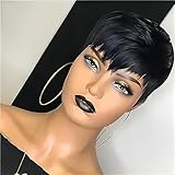 RICONEY Bob Wigs for Black Women Human Hair Short Pixie Cut Wig Human Hair Layered None Lace Front Glueless Full Machine Made Wig 1B Color