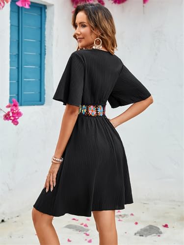 Image of LightlyKiss Women's V-Neck Short Flutter Sleeve Wrap A-Line Dress - Casual Embroidered Belt Beach Holiday Dress