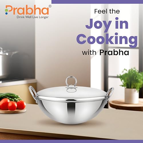 Image of Prabha Capsule Round Bottom Kadhai 2.4 L -28 CM | Tri-Ply Layer Steel kadhai with Lid | Compatible with Gas Stove | Cookware kadai for Cooking | Kadhai for Deep Frying | kadai Induction Base /Stove