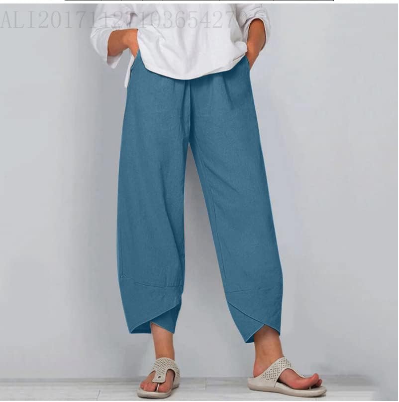 Capris Pants for Womens Cotton Linen Wide Leg Plus Size Cropped Pants Print Comfy Elastic Waist Sweatpants - Image 2