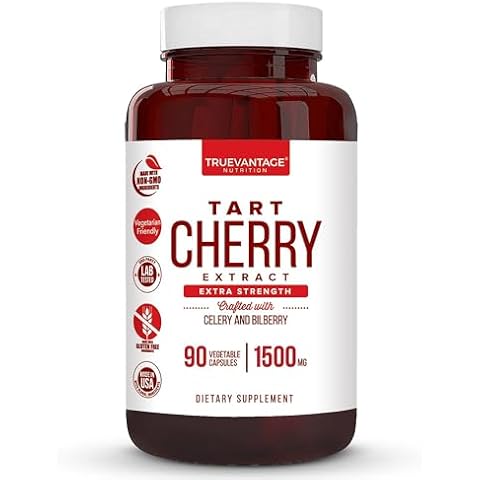 Truevantage Nutrition Tart Cherry Extract Capsules with Celery Seed Extract and Bilberry for Joint Support, Muscle Recovery, and Uric Acid Flush Support, Made in The USA - 90 Tart Cherry Capsules Cover