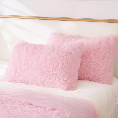 HAIHUA Faux Fur Fluffy Fuzzy Plush Pink Pillow Case Set...