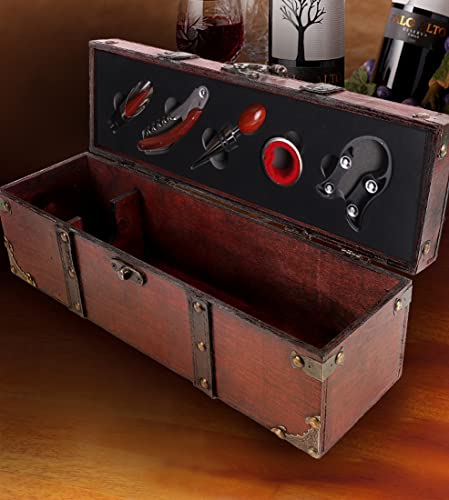 YOBANSA Cofre de madera antiguo caja de almacenamiento con asa, caja de botella de vino con juego de accesorios de vino, caja de regalo de vino de madera Tapón de vino (5set)